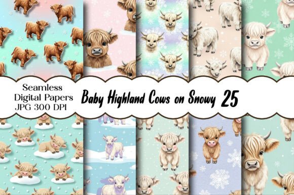 Baby Highland Cows on Snowy Pastel Paper