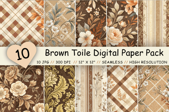 Brown Toile Digital Paper Pack, Vintage
