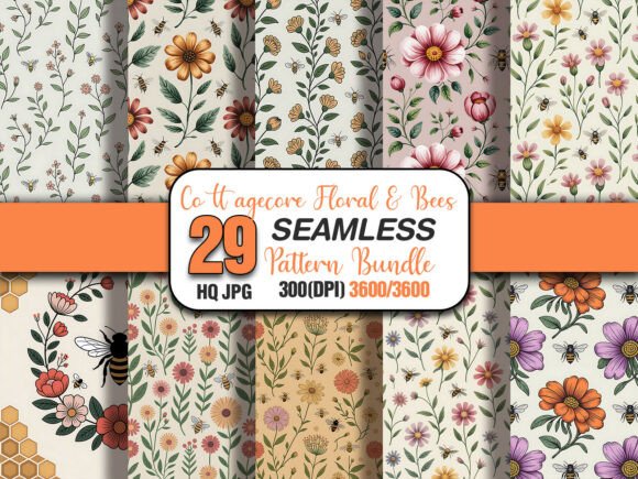 Cottagecore Floral Bees Pattern Seamless