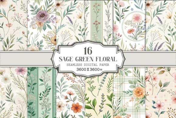 Sage Green Floral Seamless Pattern Bundle