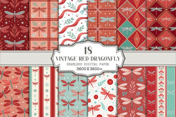 Vintage Red Dragonfly Seamless Pattern
